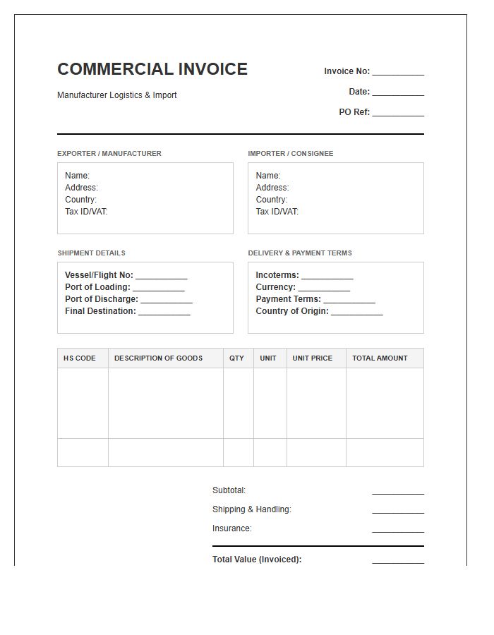 Manufacturer Logistics Import Invoice Template