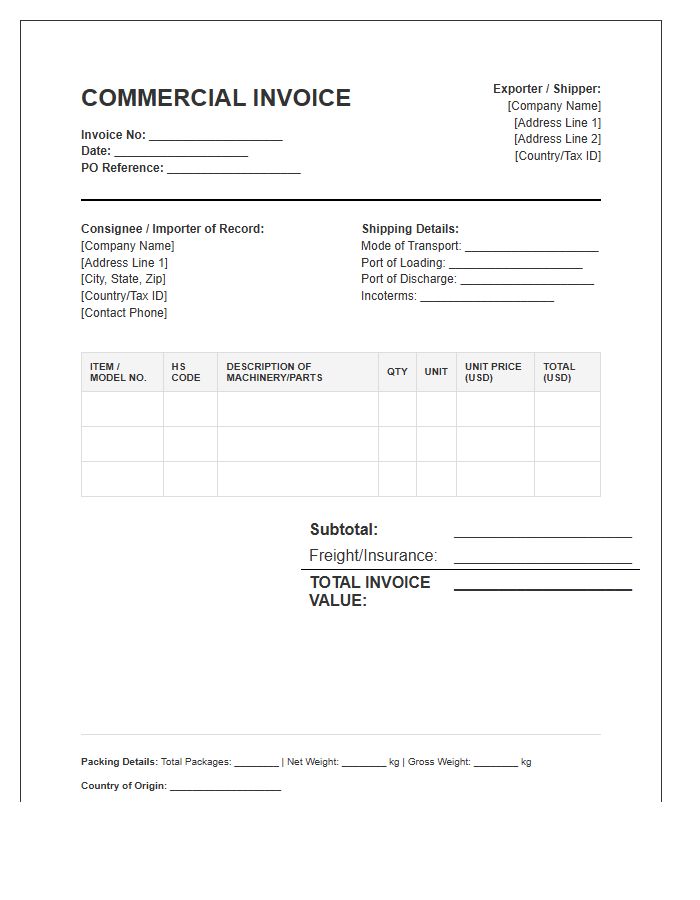 Production Line Import Invoice Template