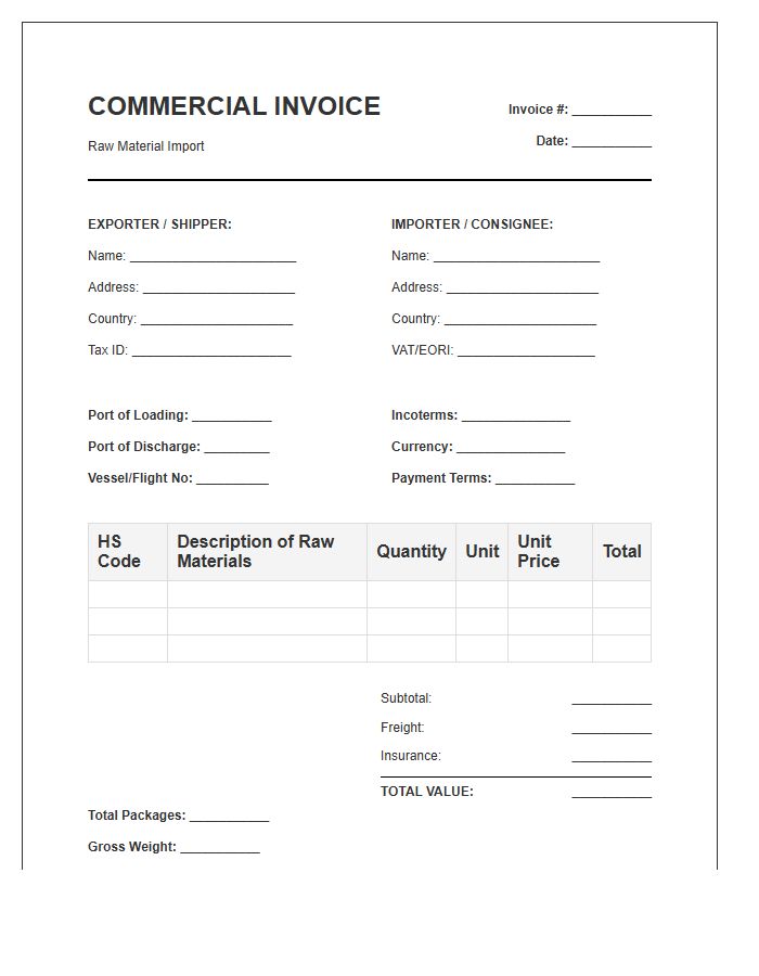 Raw Material Import Invoice Template