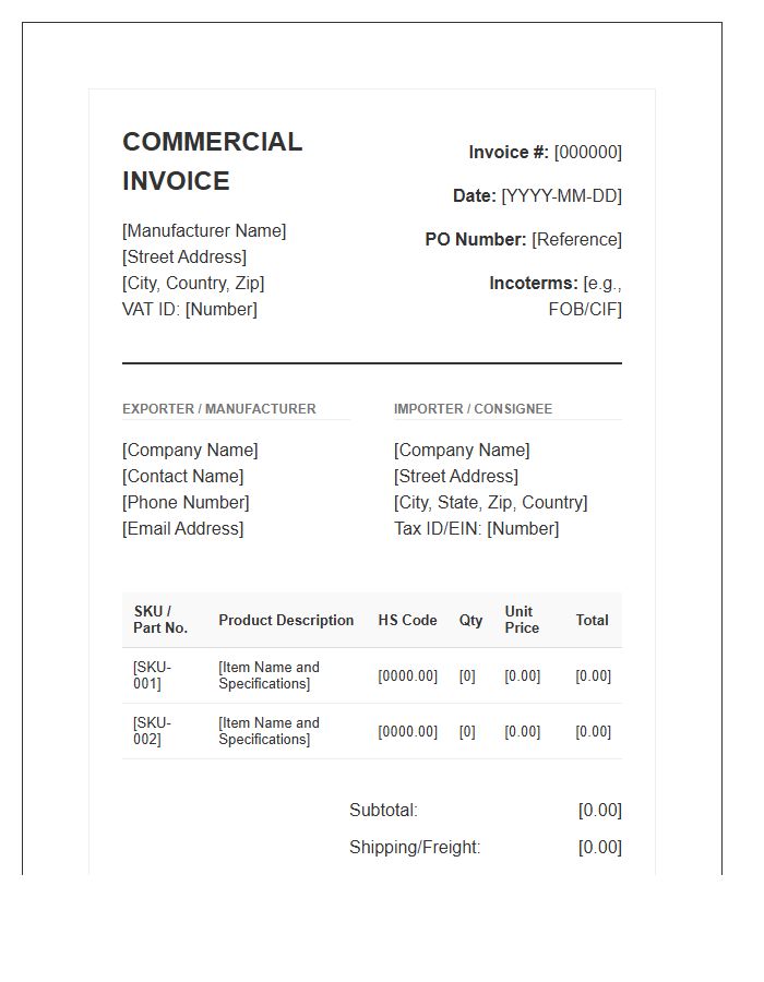 Standard Manufacturer Product Import Invoice Template