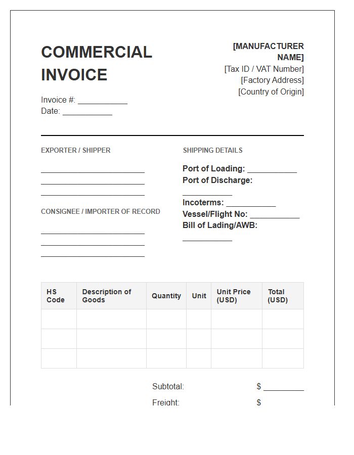 Supply Chain Manufacturing Import Invoice Template