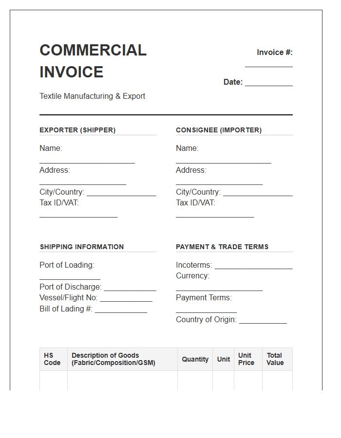 Textile Manufacturing Import Invoice Template