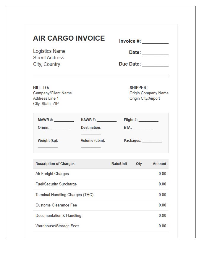 Air Cargo Import Billing Invoice Template