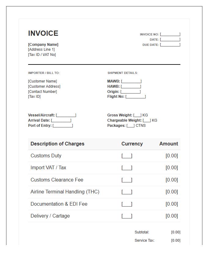 Air Freight Import Clearance Invoice Template