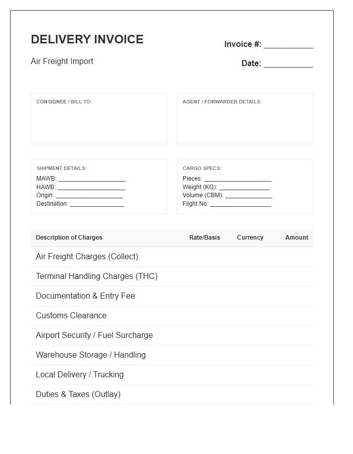 Air Freight Import Delivery Invoice Template