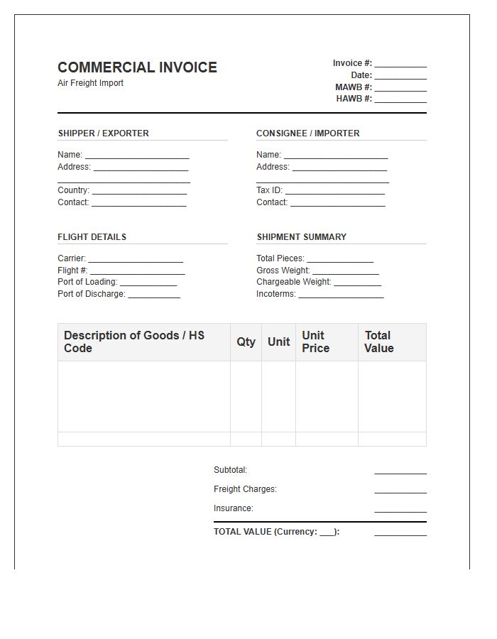 Air Freight Import Documentation Invoice Template