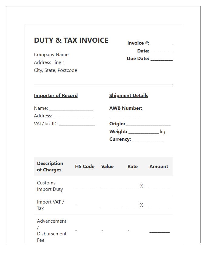 Air Freight Import Duty Invoice Template