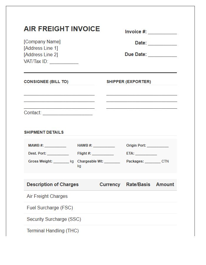 Air Freight Import Expense Invoice Template