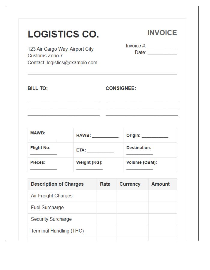 Air Freight Import Logistics Invoice Template