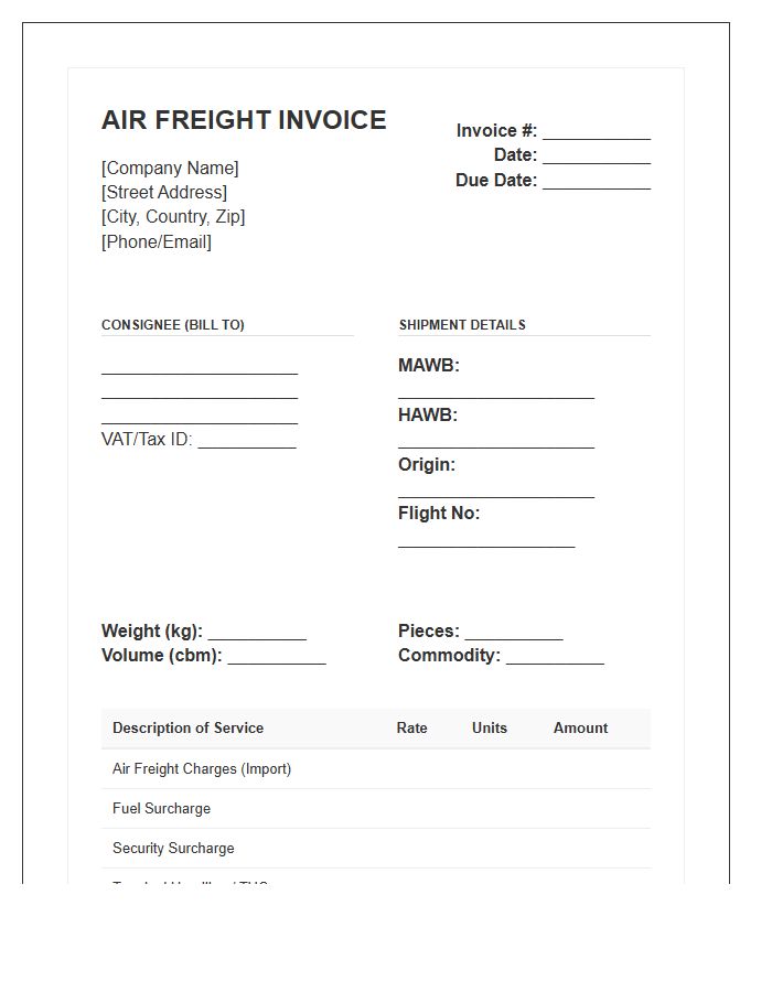 Air Freight Import Service Invoice Template