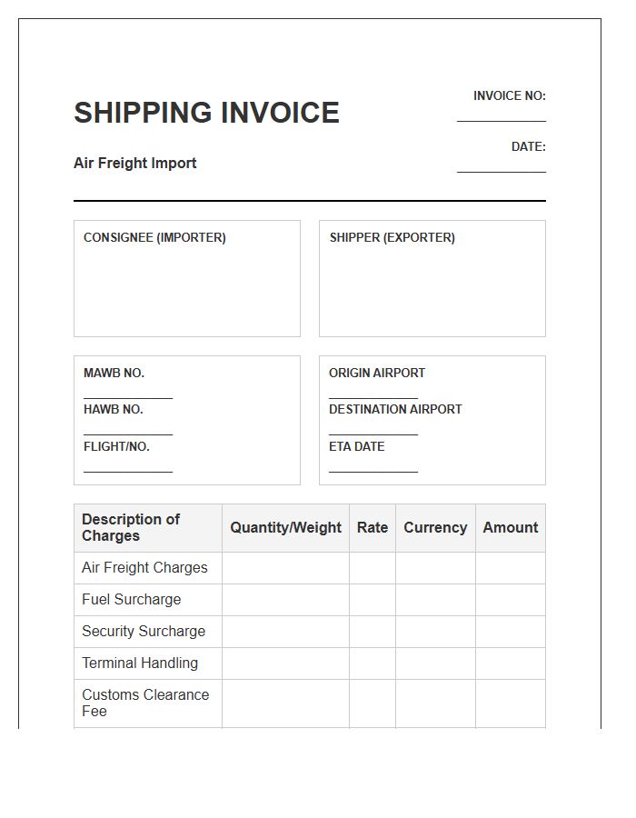 Air Freight Import Shipping Invoice Template
