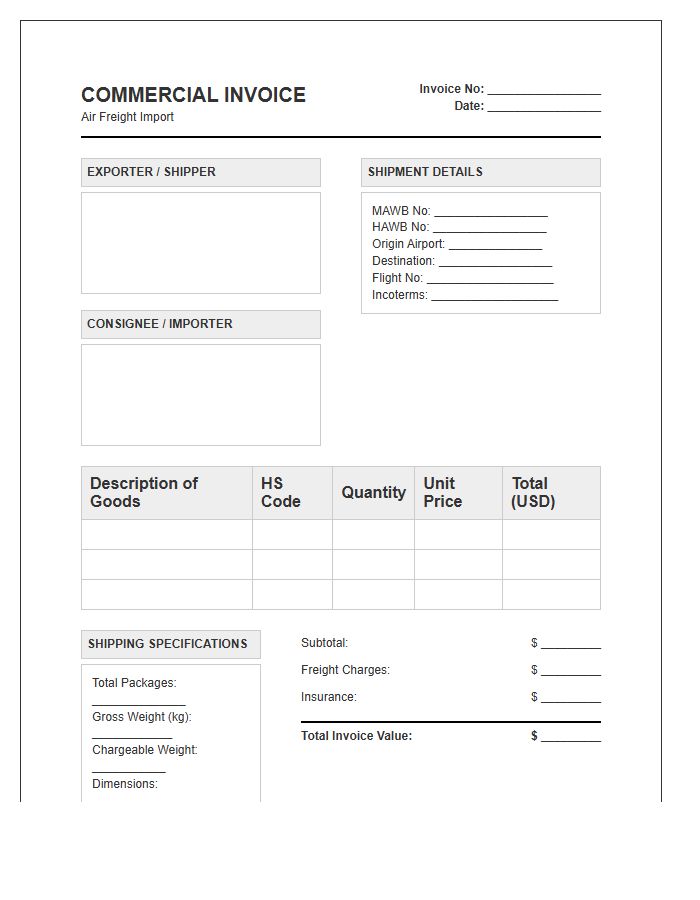 Commercial Air Freight Import Invoice Template
