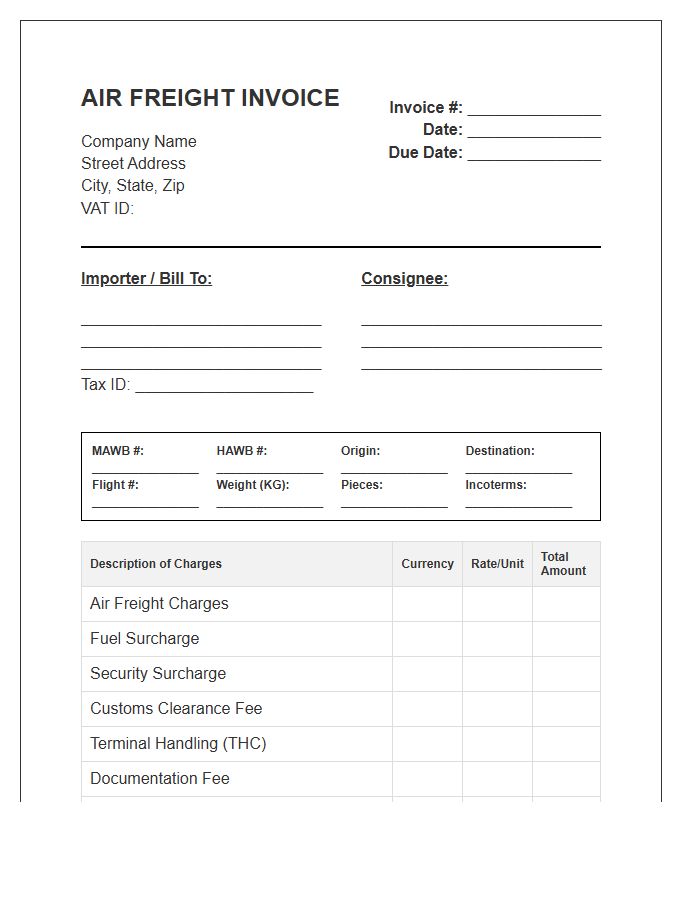 Corporate Air Freight Import Invoice Template