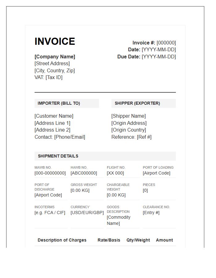 Detailed Air Freight Import Invoice Template
