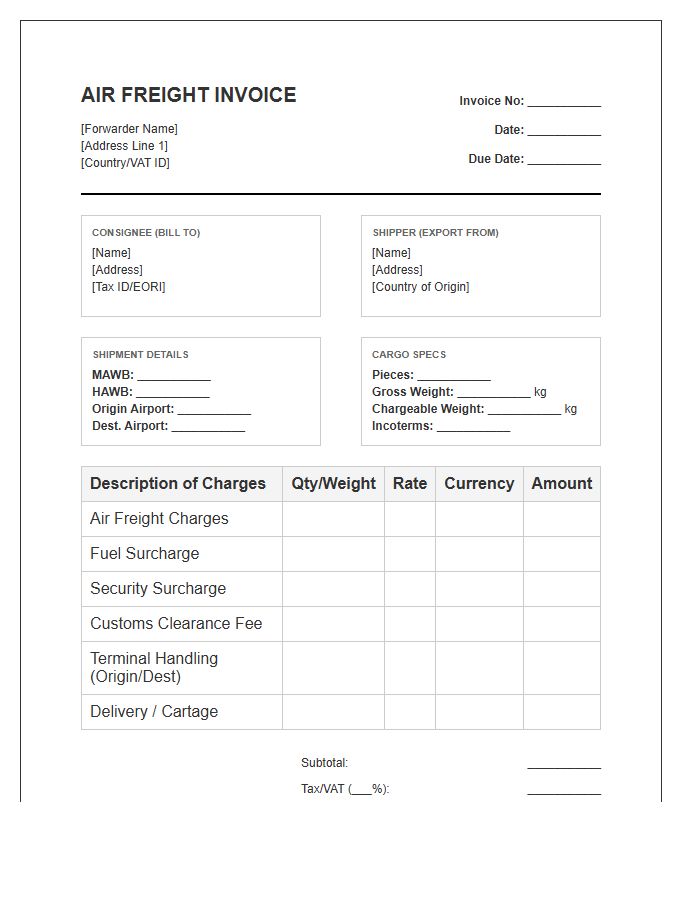 Global Air Freight Import Invoice Template