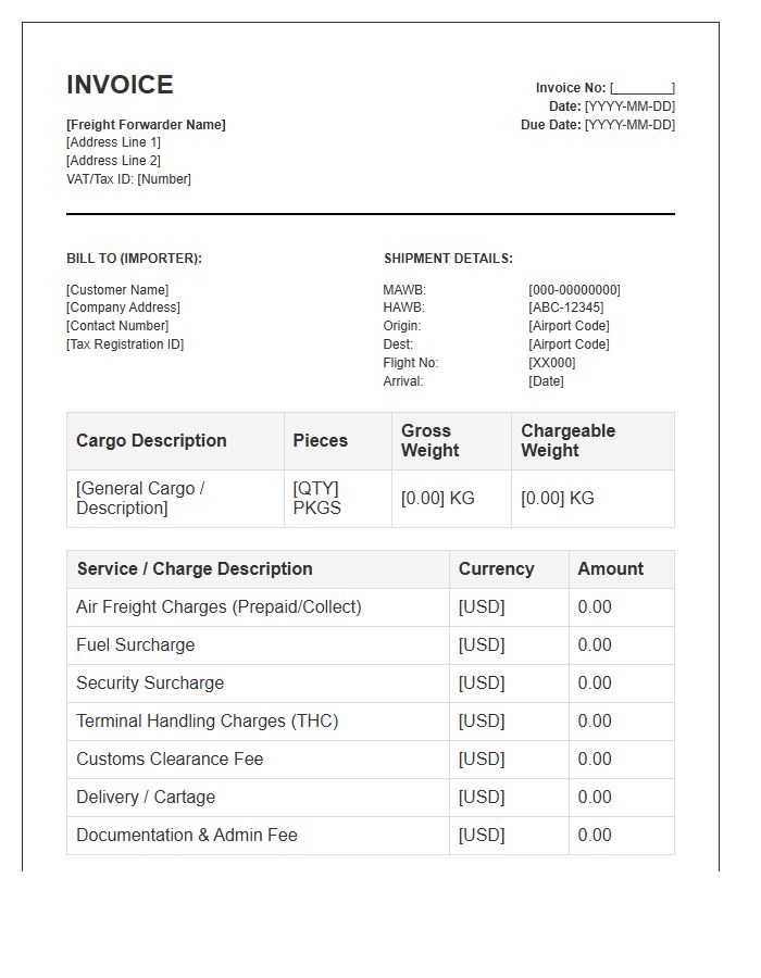 International Air Freight Import Invoice Template