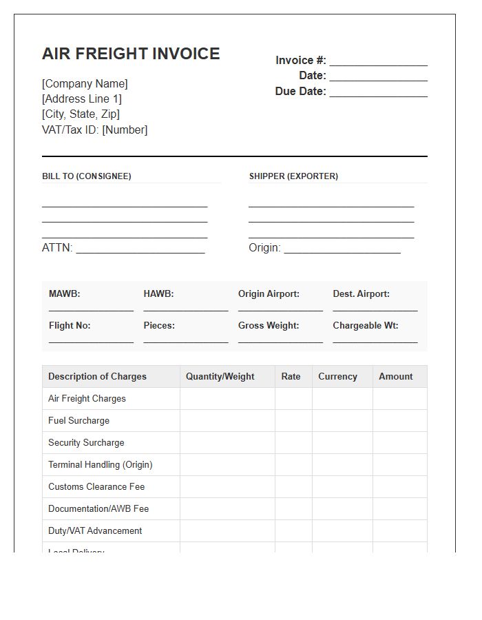 Standard Air Freight Import Invoice Template