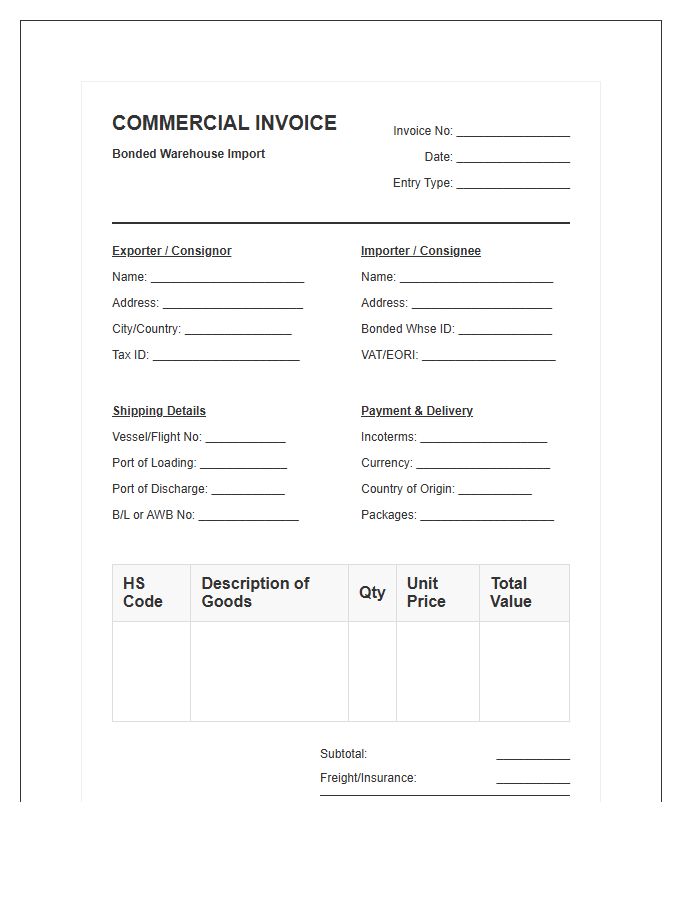 Bonded Warehouse Import Invoice Template