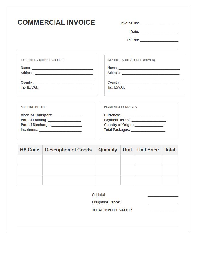 Commercial Import Cargo Invoice Template