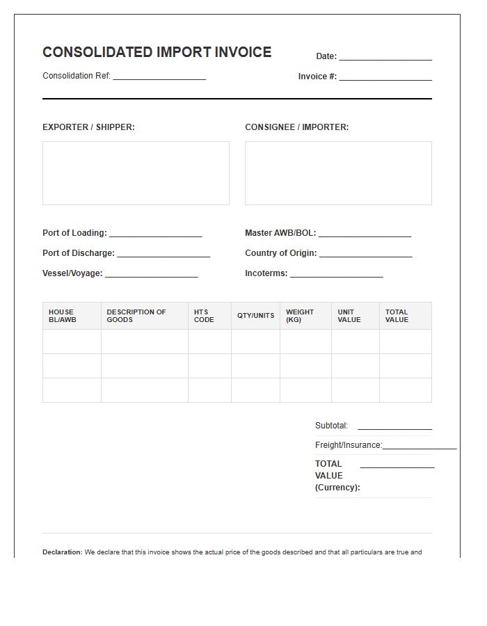 Consolidated Shipment Import Invoice Template