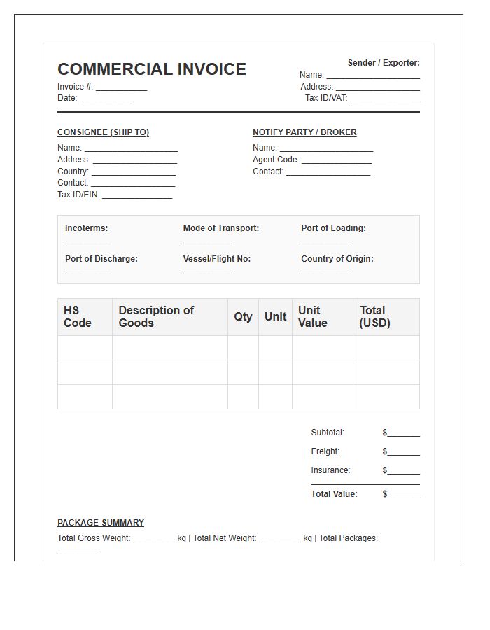 Cross Border Logistics Import Invoice Template