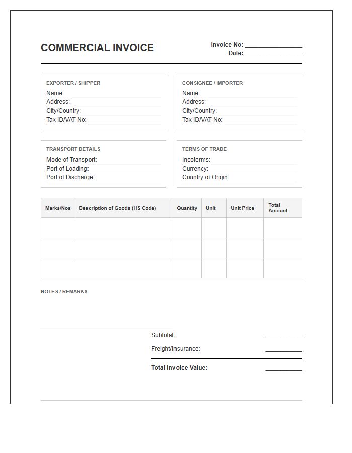 Customs Declaration Import Invoice Template