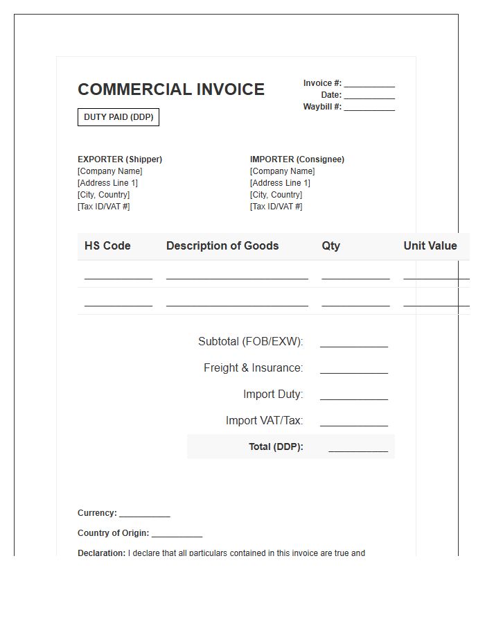 Duty Paid Import Invoice Template