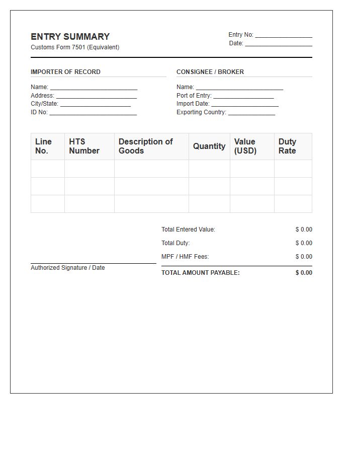 Entry Summary Import Invoice Template