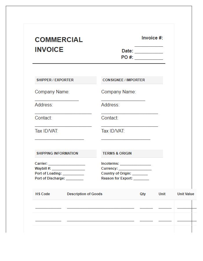 Global Shipping Import Invoice Template