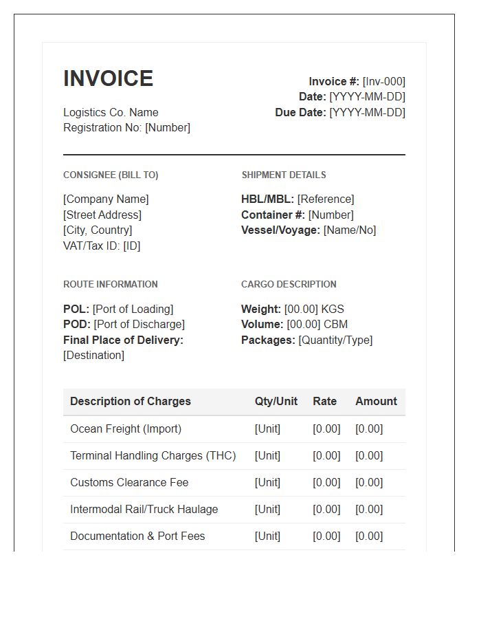 Intermodal Transport Import Invoice Template