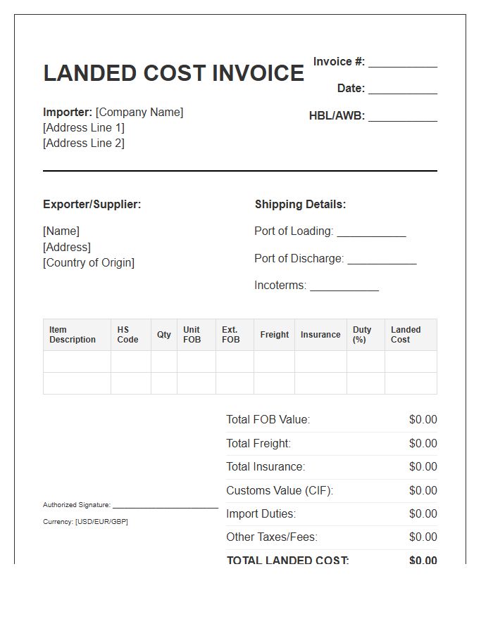 Landed Cost Import Invoice Template
