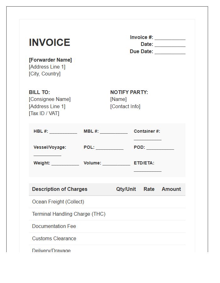 Ocean Freight Import Invoice Template