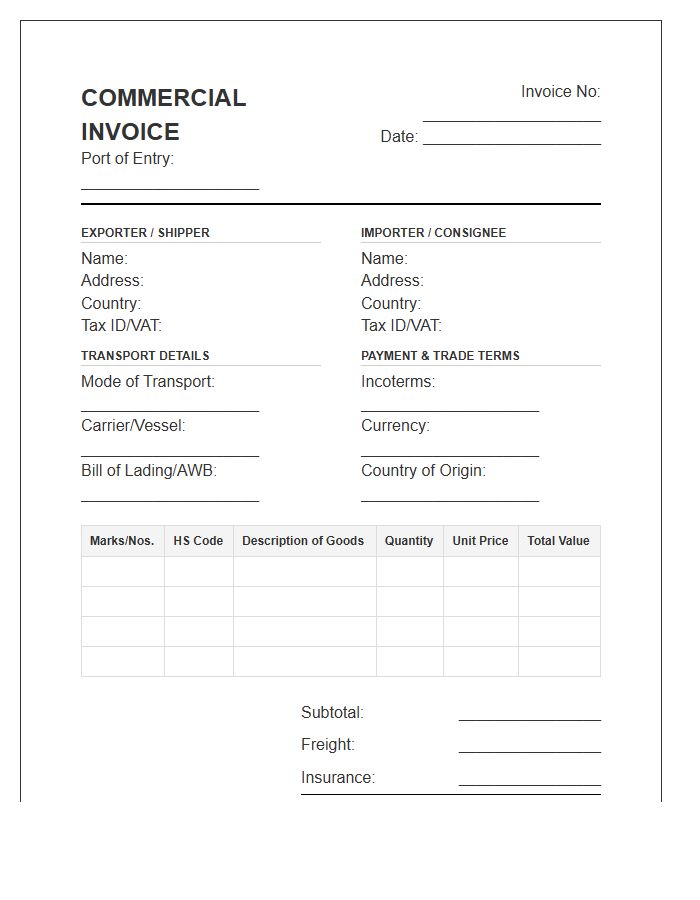 Port Of Entry Import Invoice Template