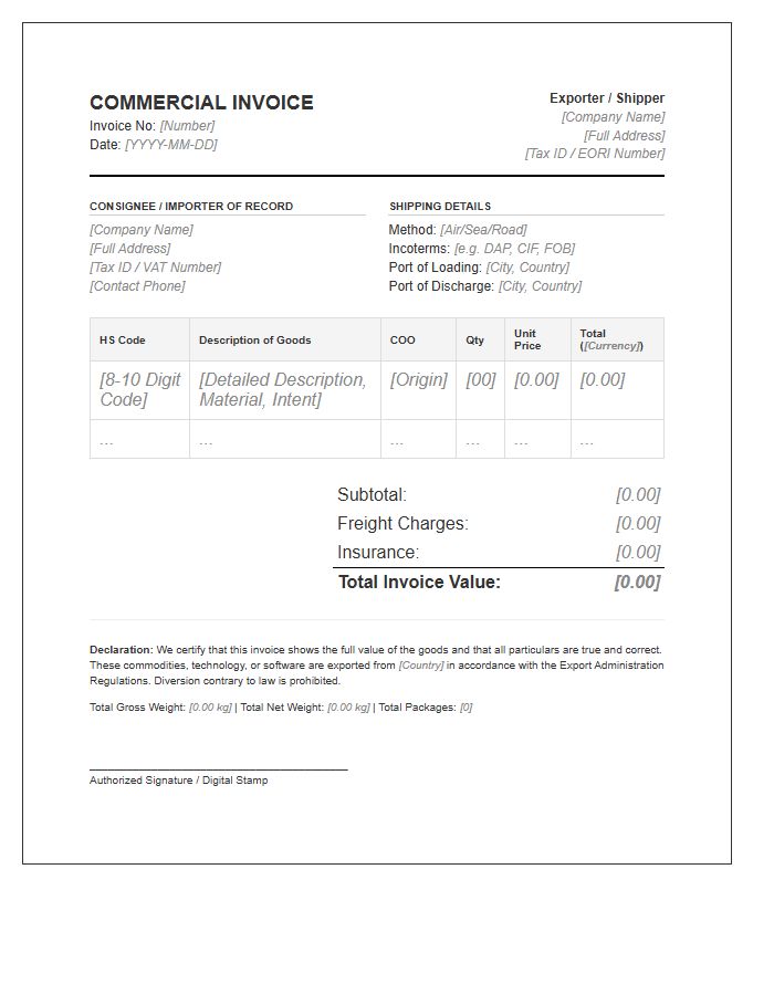 Regulatory Compliance Import Invoice Template