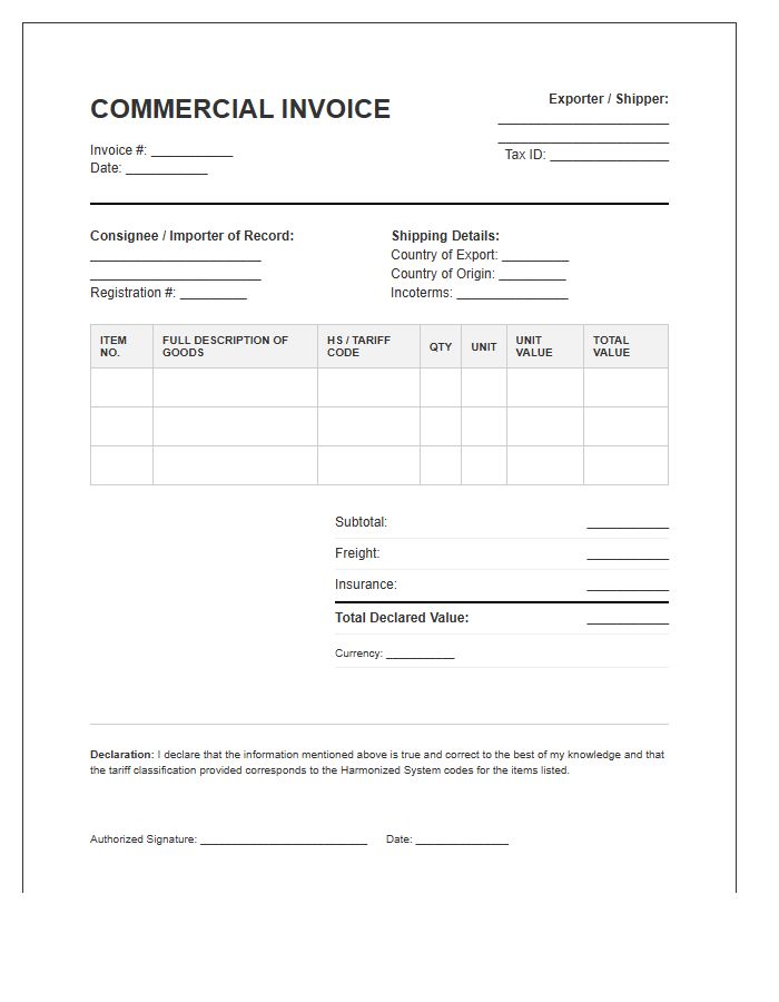 Tariff Classification Import Invoice Template