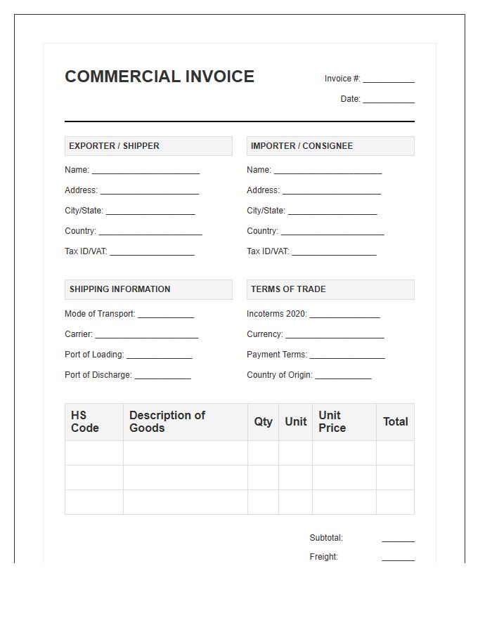 Transborder Commerce Import Invoice Template