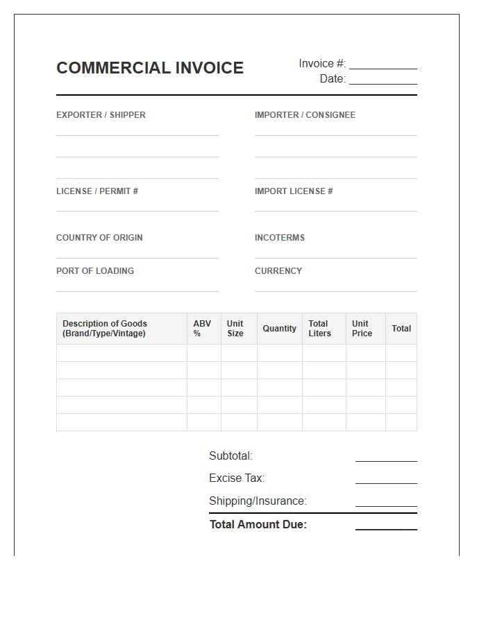 Alcoholic Beverage Import Invoice Template