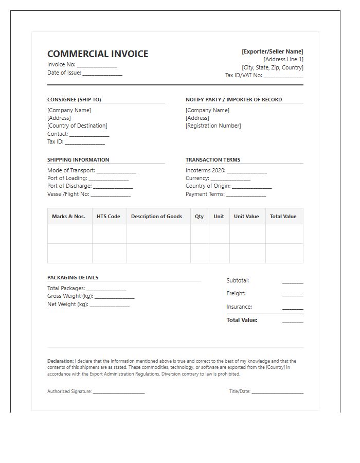 Compliance Oriented Import Invoice Template