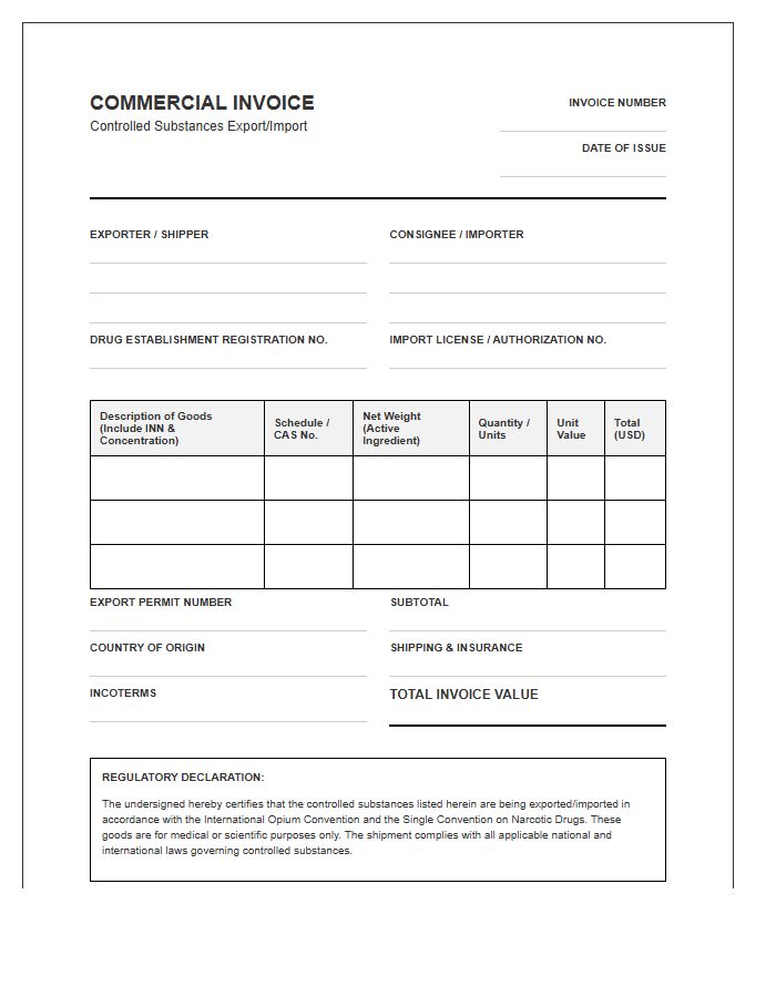 Controlled Substances International Invoice Template