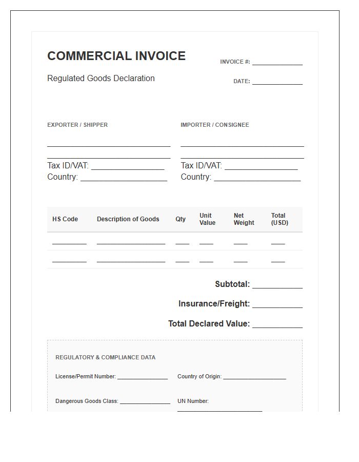Cross Border Regulated Goods Invoice Template
