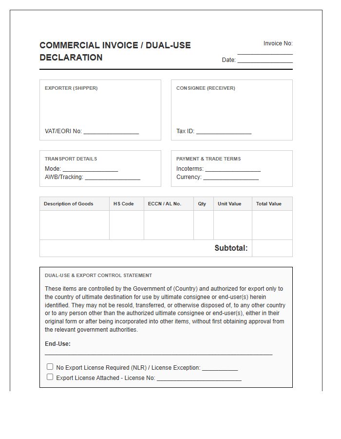 Dual Use Goods Commercial Invoice Template