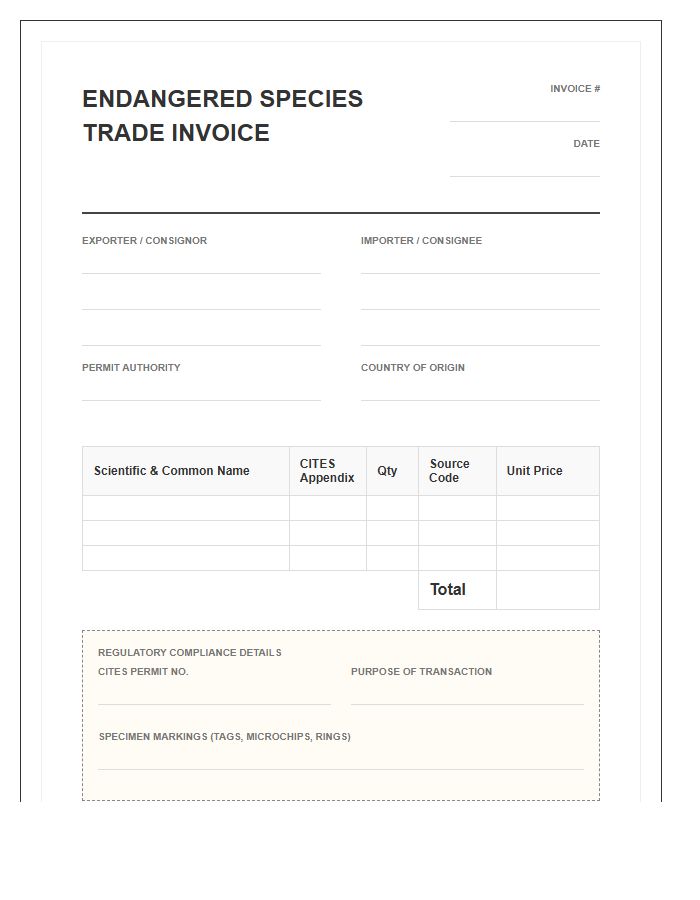 Endangered Species Trade Invoice Template