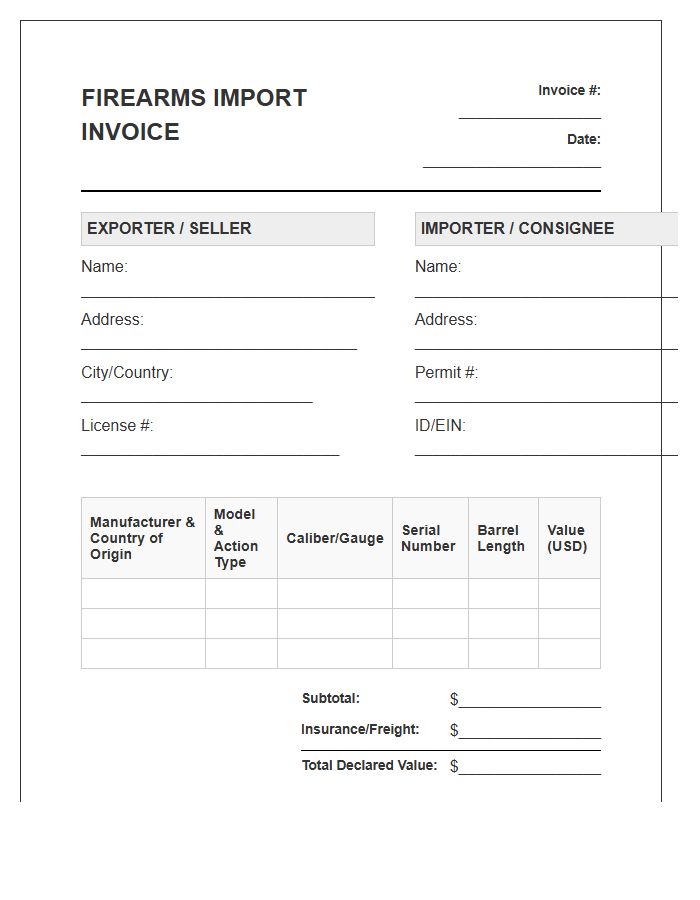 Firearms Importation Documentation Invoice Template