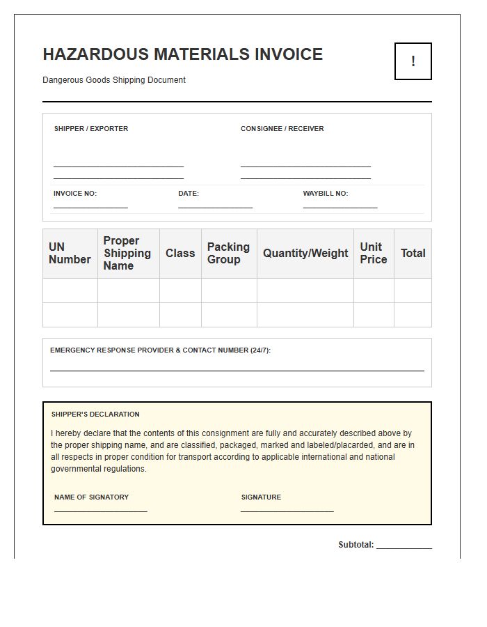 Hazardous Materials Shipping Invoice Template