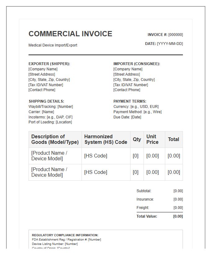 Medical Device Importation Invoice Template