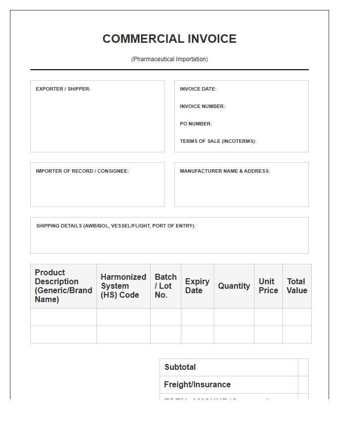 Pharmaceutical Import Commercial Invoice Template