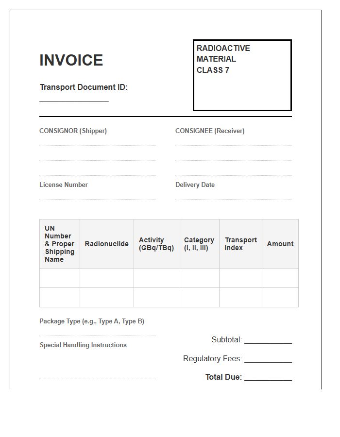 Radioactive Material Transport Invoice Template