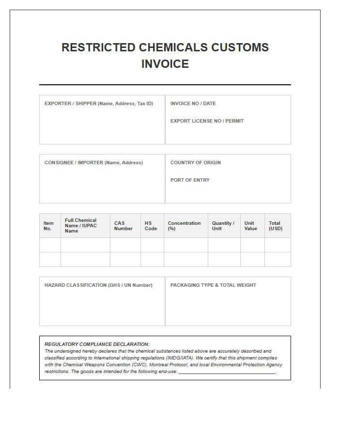 Restricted Chemicals Customs Invoice Template