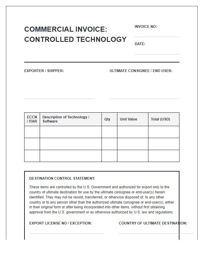Restricted Technology Export Invoice Template