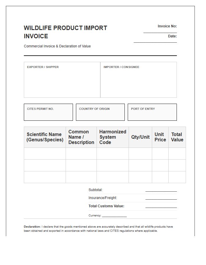 Wildlife Product Import Invoice Template
